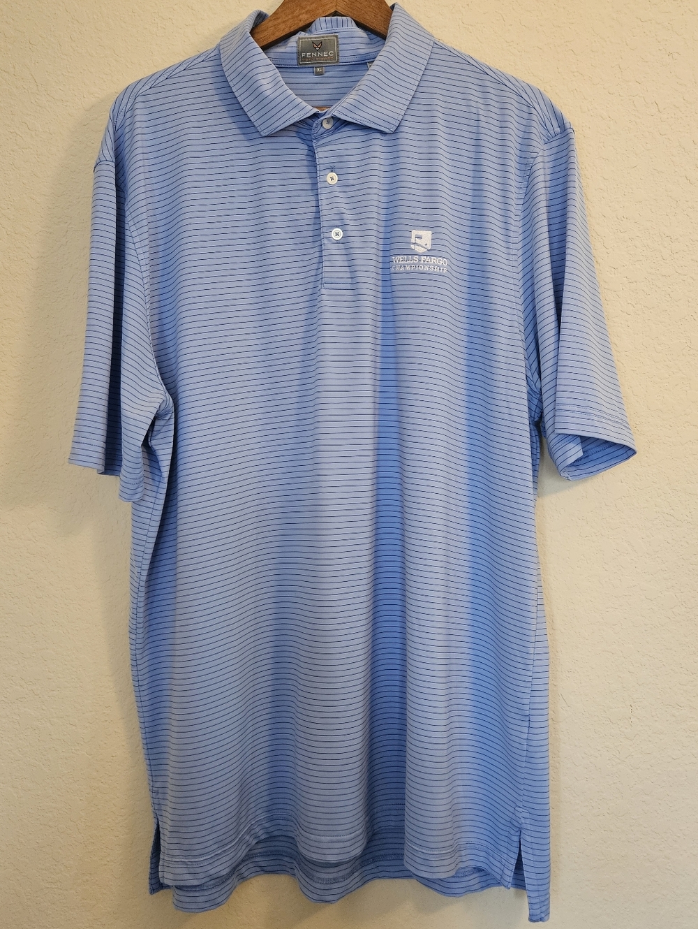 Fennec Golf Polo Mens XL Light Blue Navy Striped Wells Fargo Championship‎ Logo